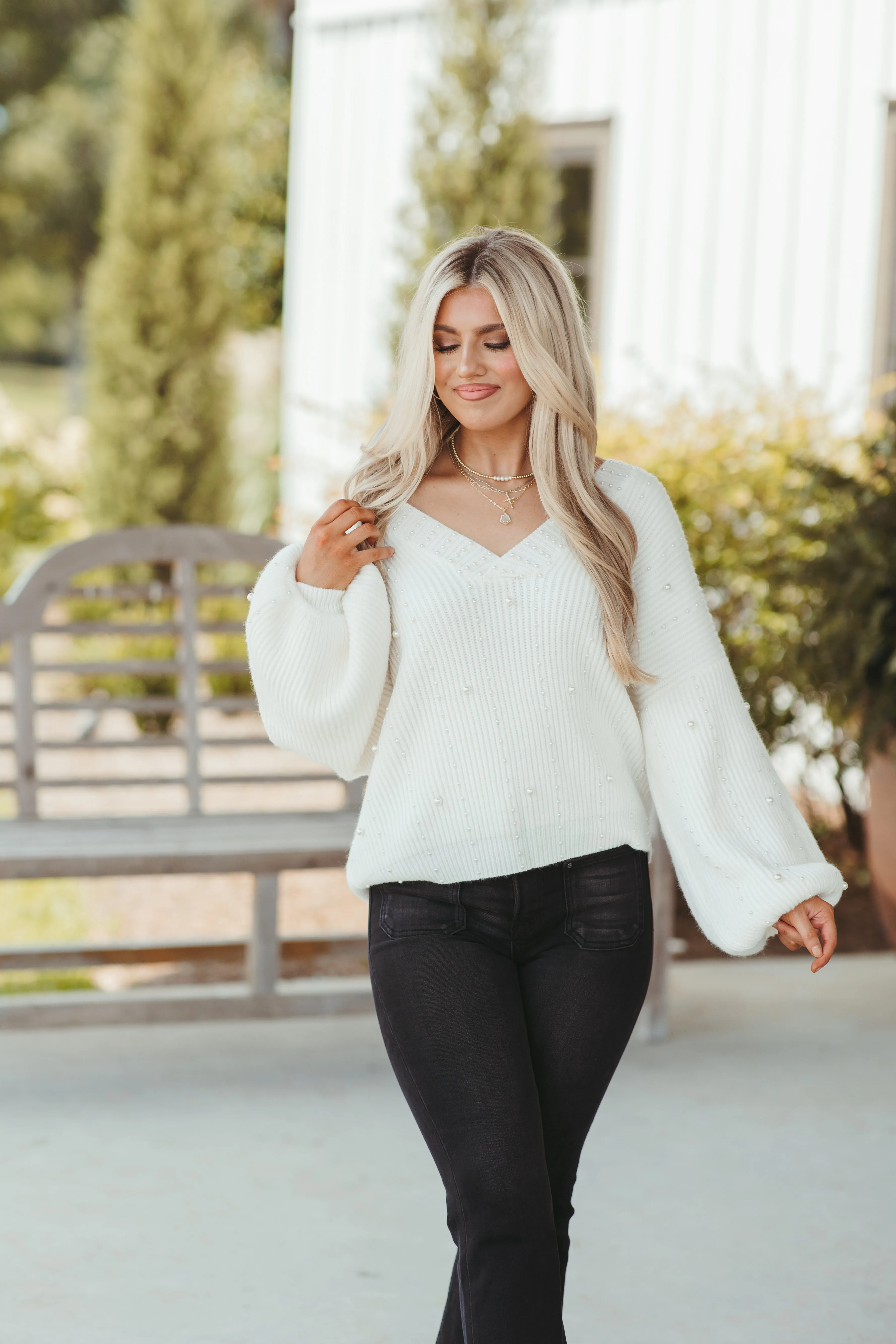 Ivory V-Neck Long Sleeve Pearl Trim Sweater