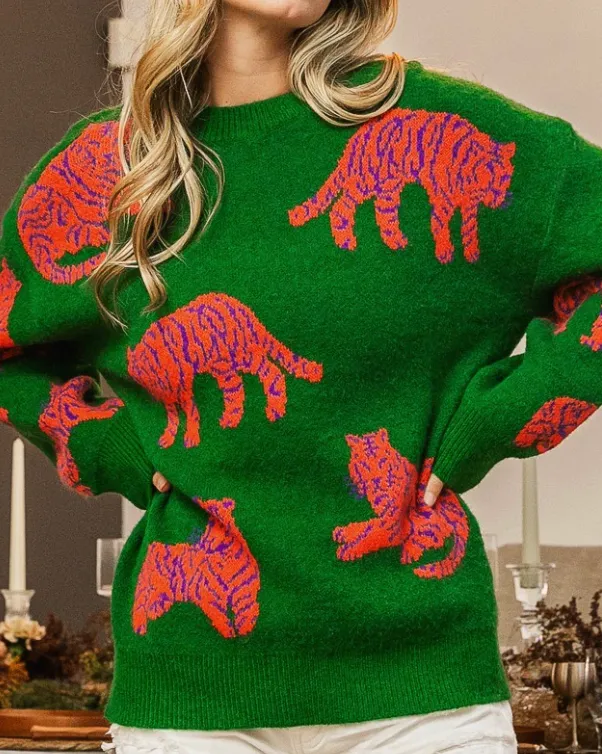 Jade/Orange Tiger Print Sweater