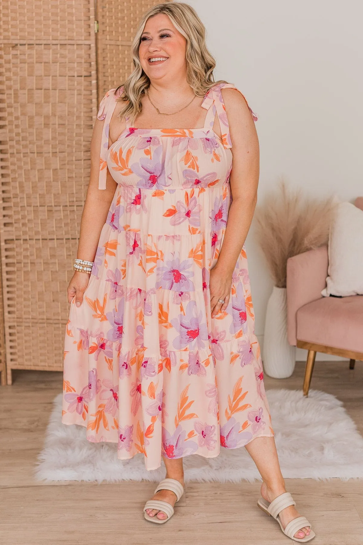 Joyous Occasion Tiered Floral Dress- Pale Orange & Lavender