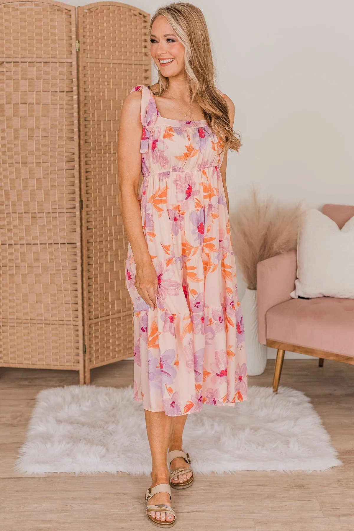 Joyous Occasion Tiered Floral Dress- Pale Orange & Lavender