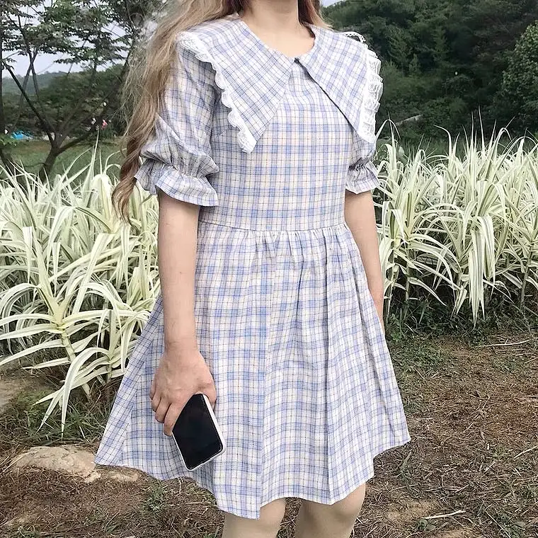 Large lapel indie pop check dress