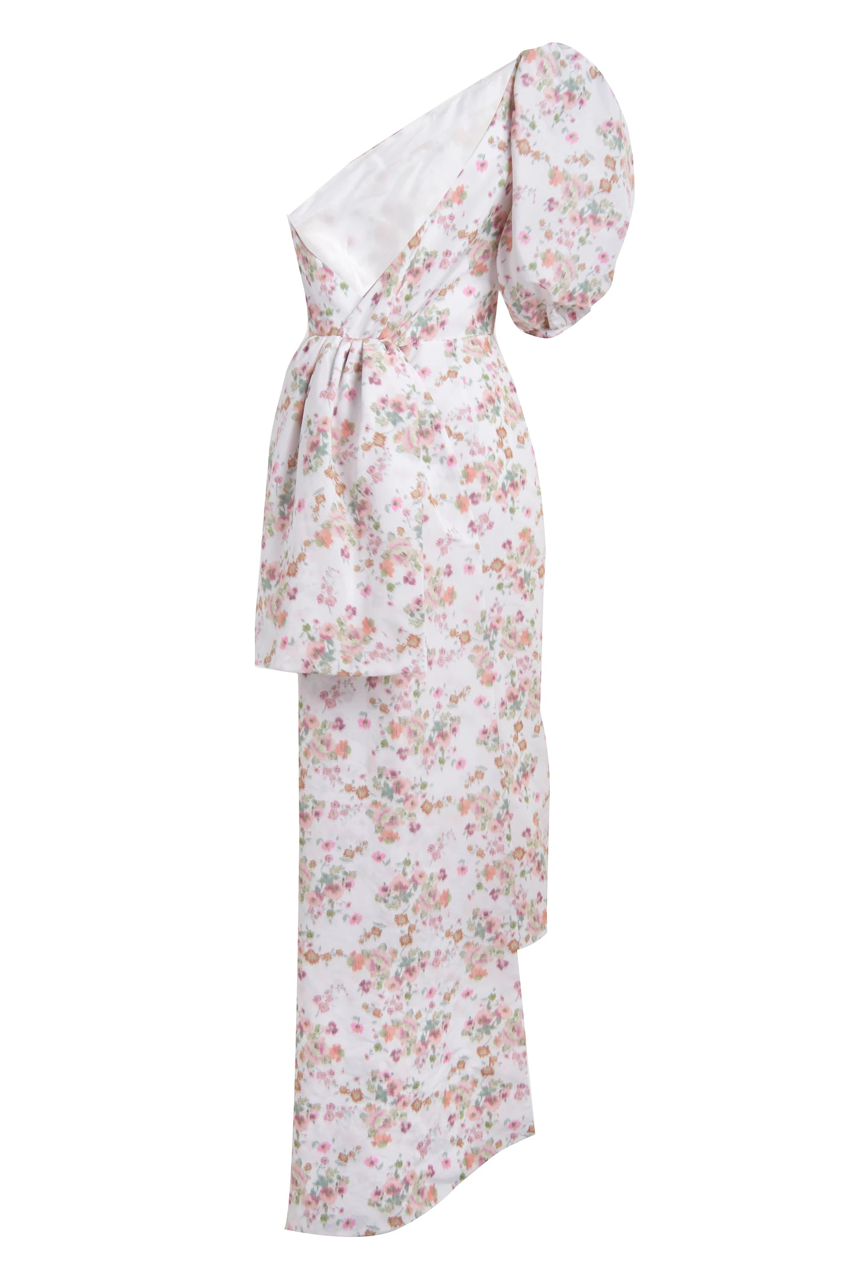 --Laurel One-Shoulder White Ikat Floral Dress with Sash Train-