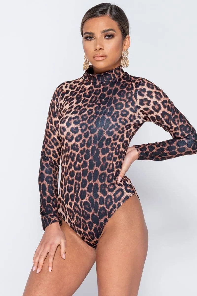 Leopard Print High Neck Long Sleeve Bodysuit