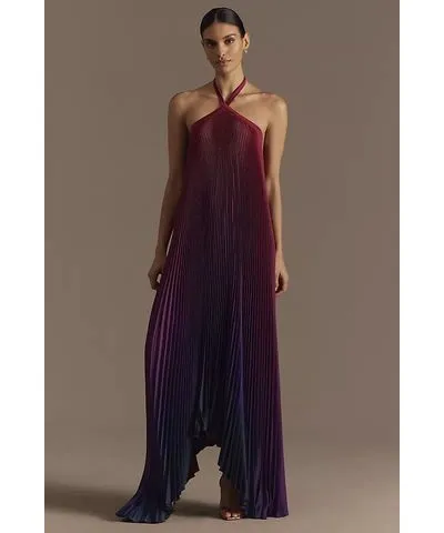 L'IDÉE Déesse Halter Pleated Maxi Dress