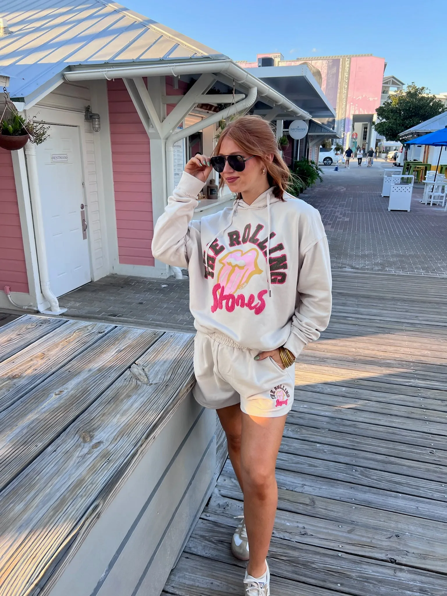 Light Grey Multi Rolling Stones Oversized Hoodie and Short Set