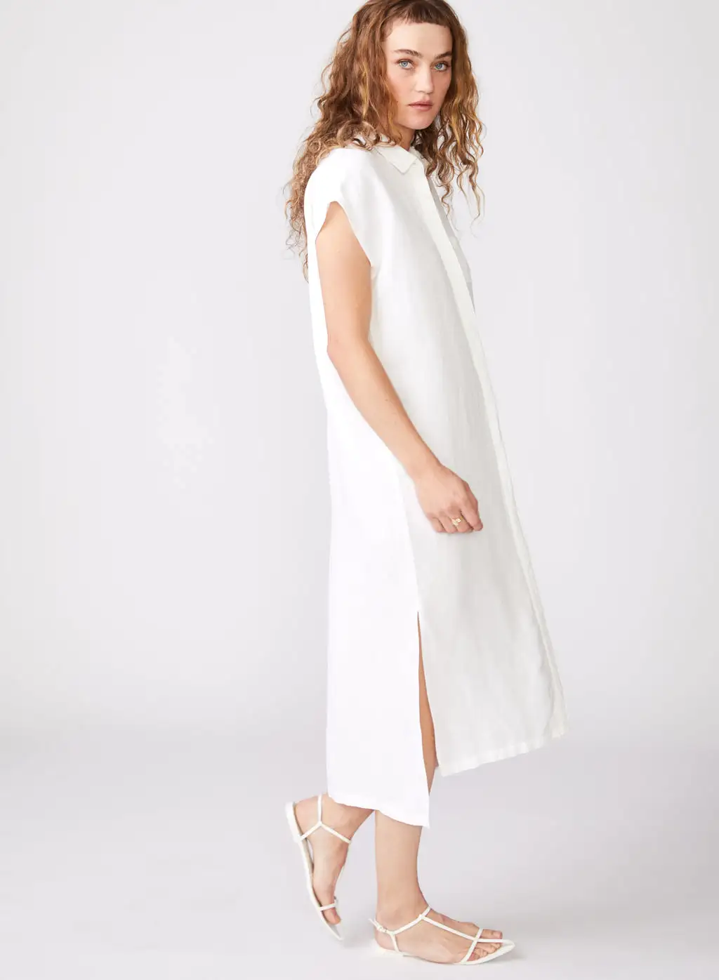 Linen Short Sleeve Maxi Shirt Dress in White