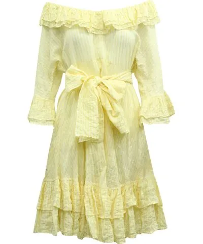 Lisa Marie Fernandez Striped Off Shoulder Midi Dress in Yellow Cotton