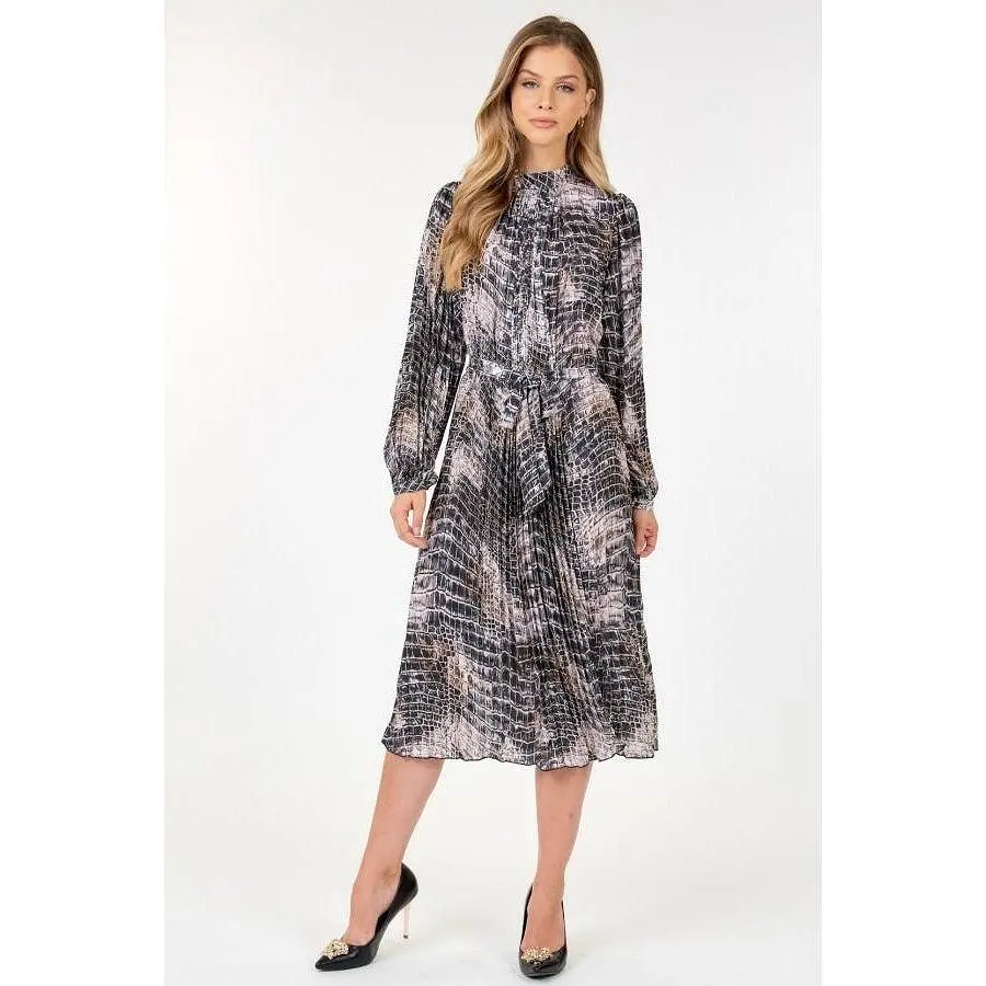 Long Sleeve Pleated Snake Skin Print Midi Dress