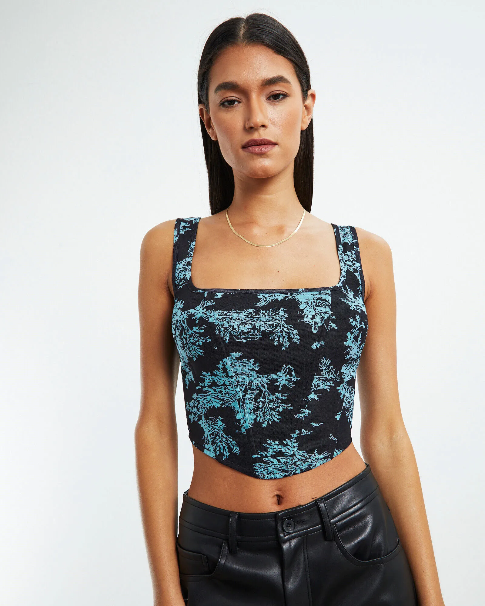 Love Notes Zofia Dipped Hem Printed Mesh Corset Top Black