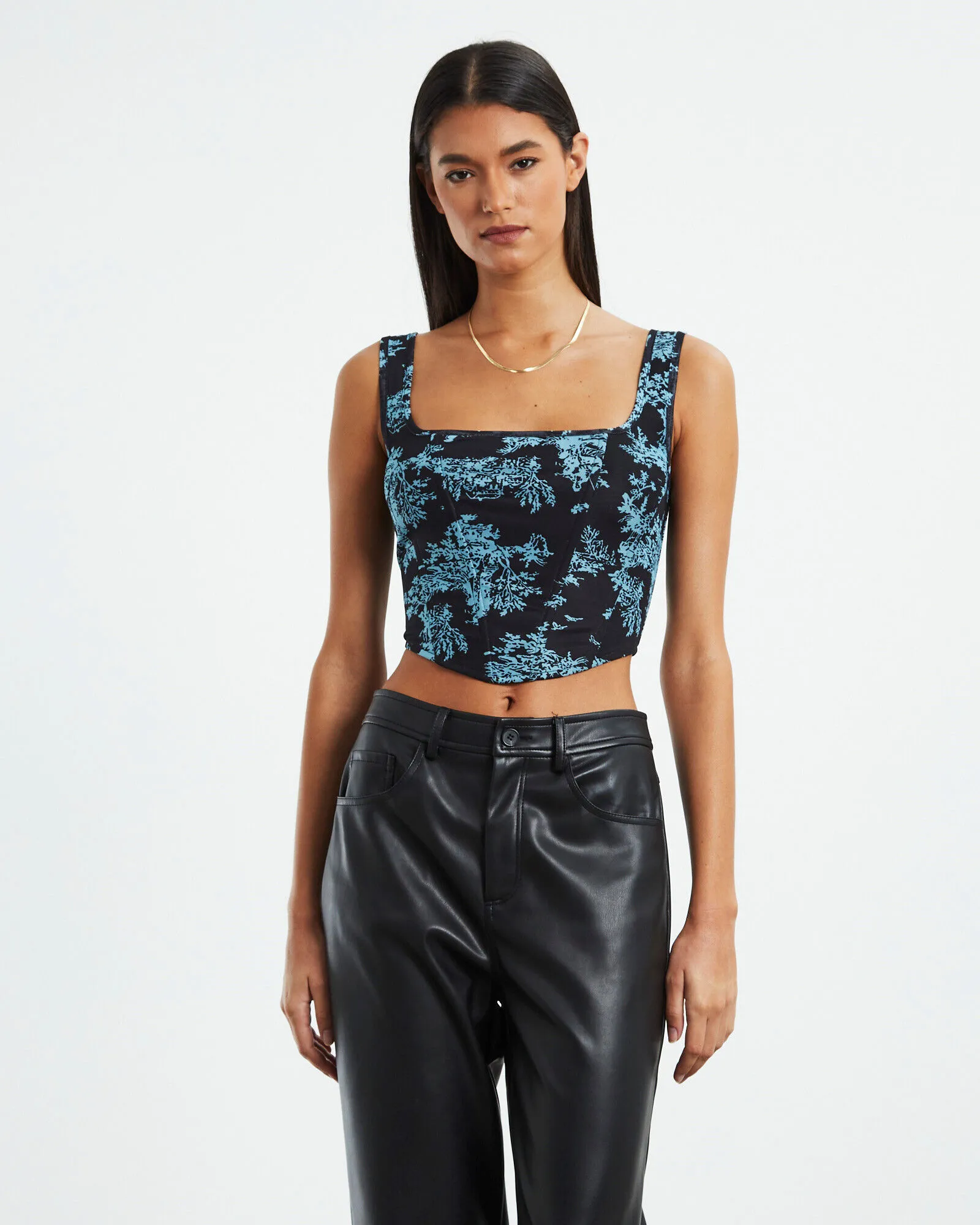 Love Notes Zofia Dipped Hem Printed Mesh Corset Top Black