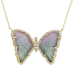 Mauve and Green Tourmaline Butterfly Necklace With Diamonds