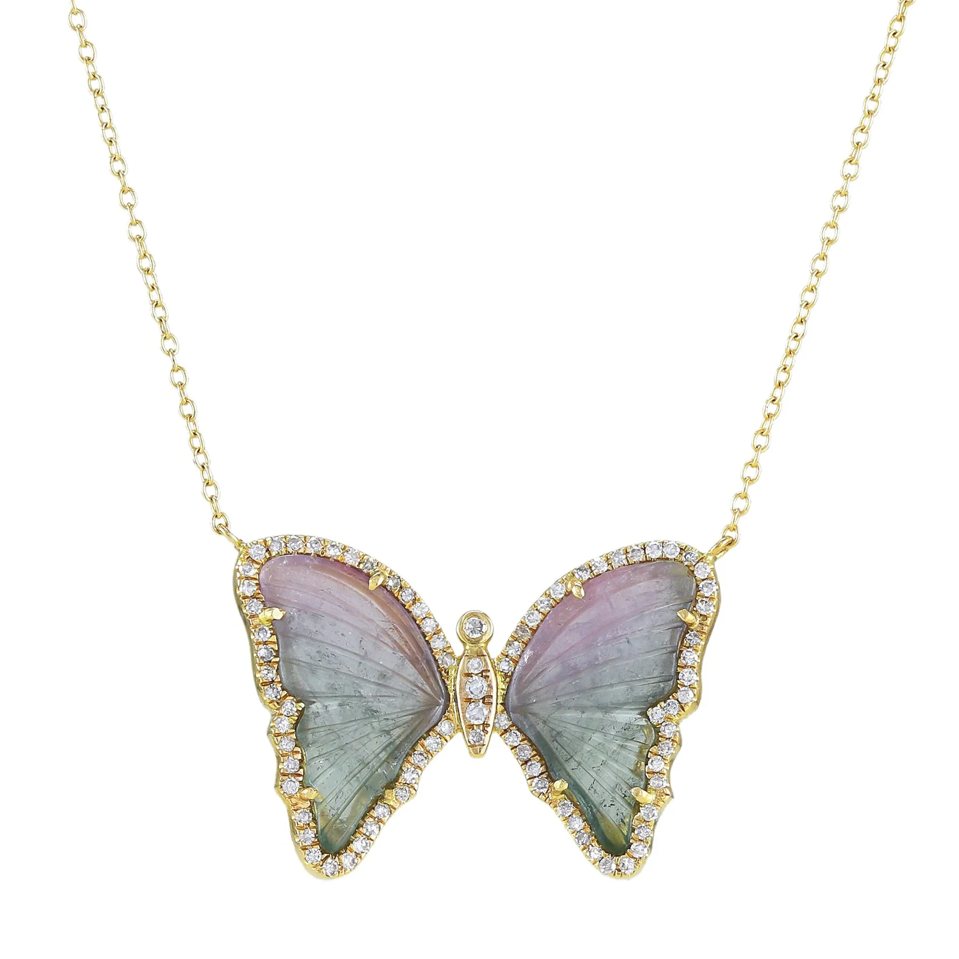 Mauve and Green Tourmaline Butterfly Necklace With Diamonds