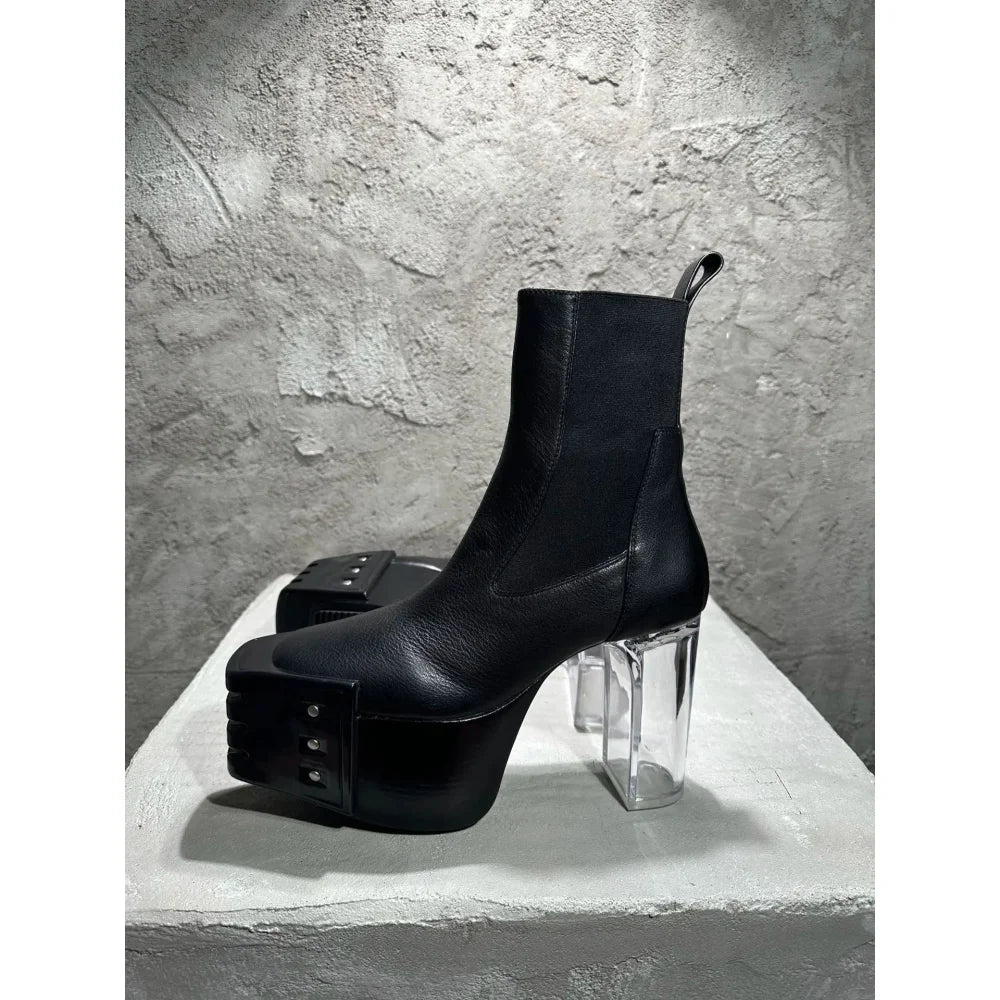 Men and Women Luxury Black Genuine Leather High Heel Ankle Boots