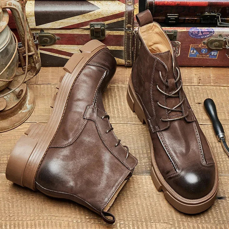 Men's British Retro Genuine Leather High Top Thick Sole Casual Motorcycle Boots