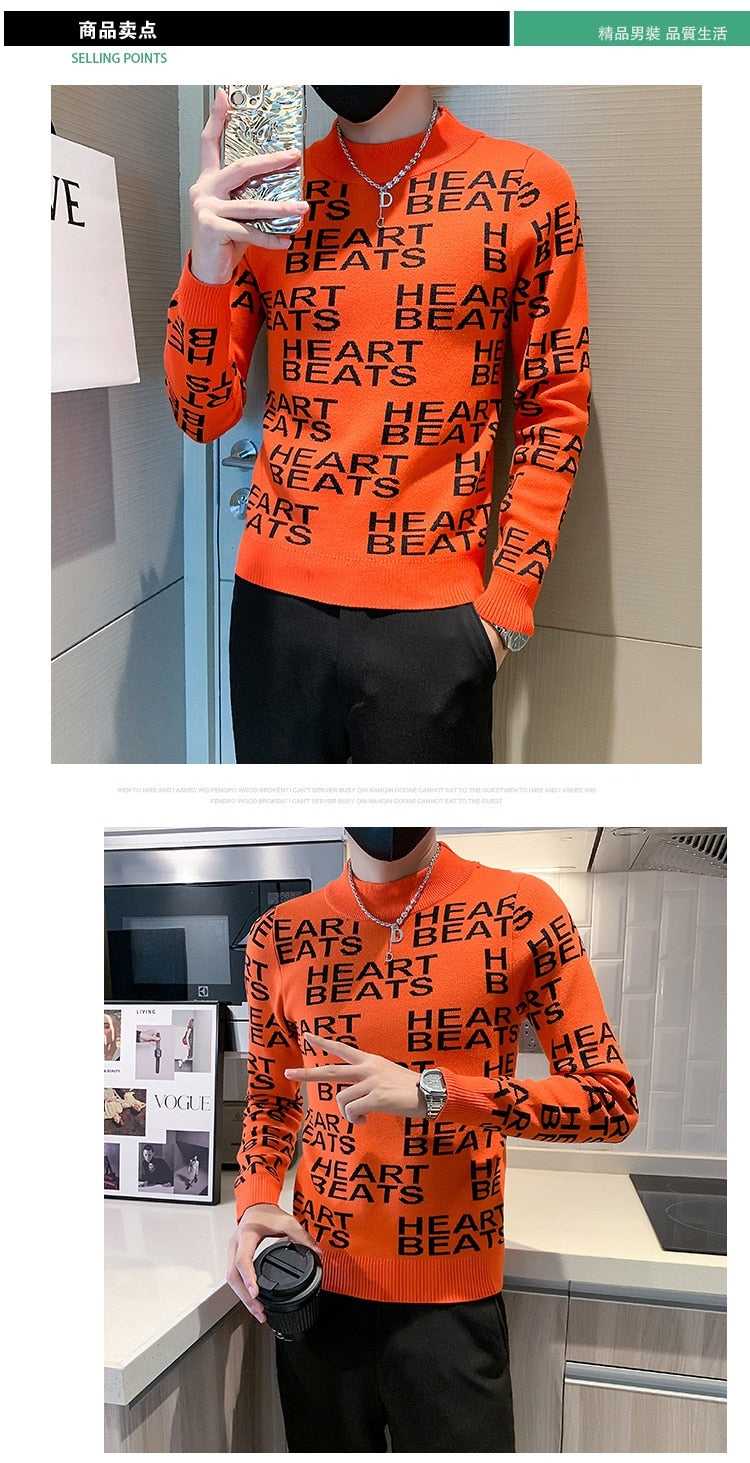 Men's Causal Half Turtleneck Letter Printed Streetwear Knitted Pullover