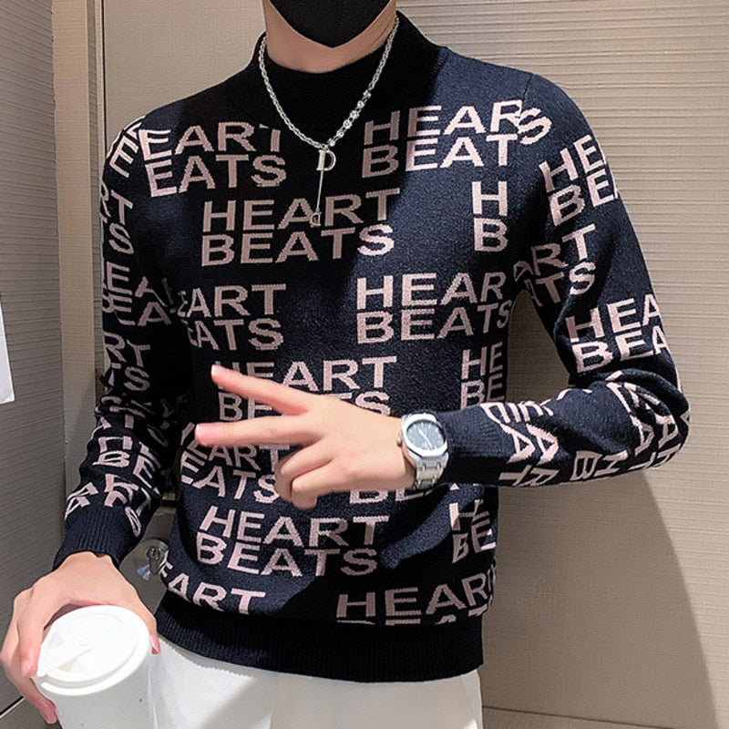 Men's Causal Half Turtleneck Letter Printed Streetwear Knitted Pullover