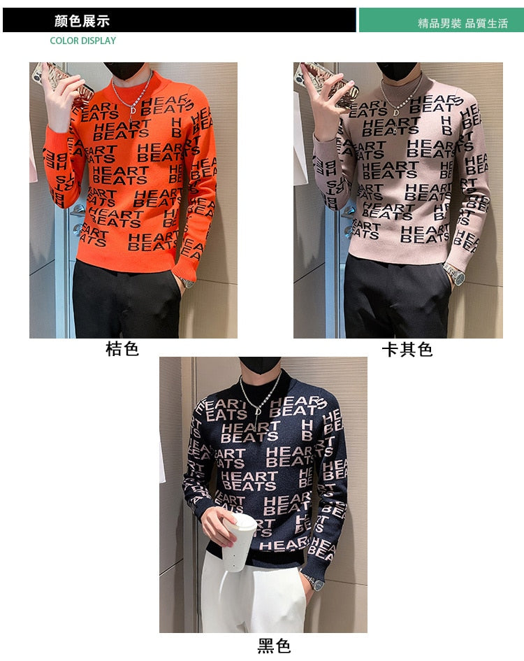 Men's Causal Half Turtleneck Letter Printed Streetwear Knitted Pullover