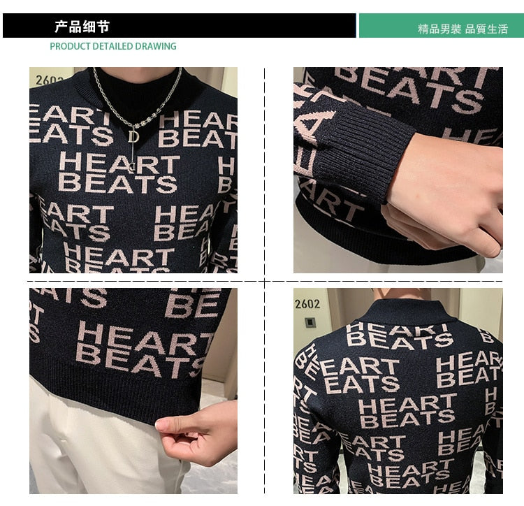 Men's Causal Half Turtleneck Letter Printed Streetwear Knitted Pullover