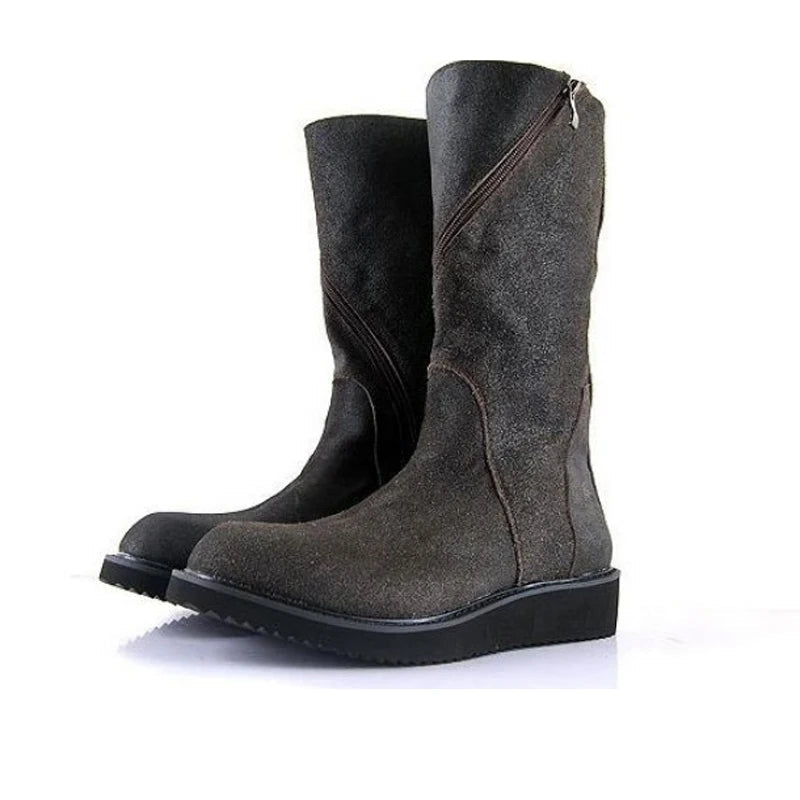 Men's Luxury Casual Winter Genuine Leather Mid-Calf Zipper Snow Boots