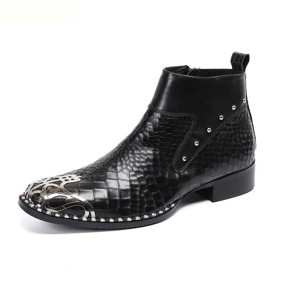 Men's Luxury Handmade Genuine Leather Pointed Metal Toe Ankle Boots