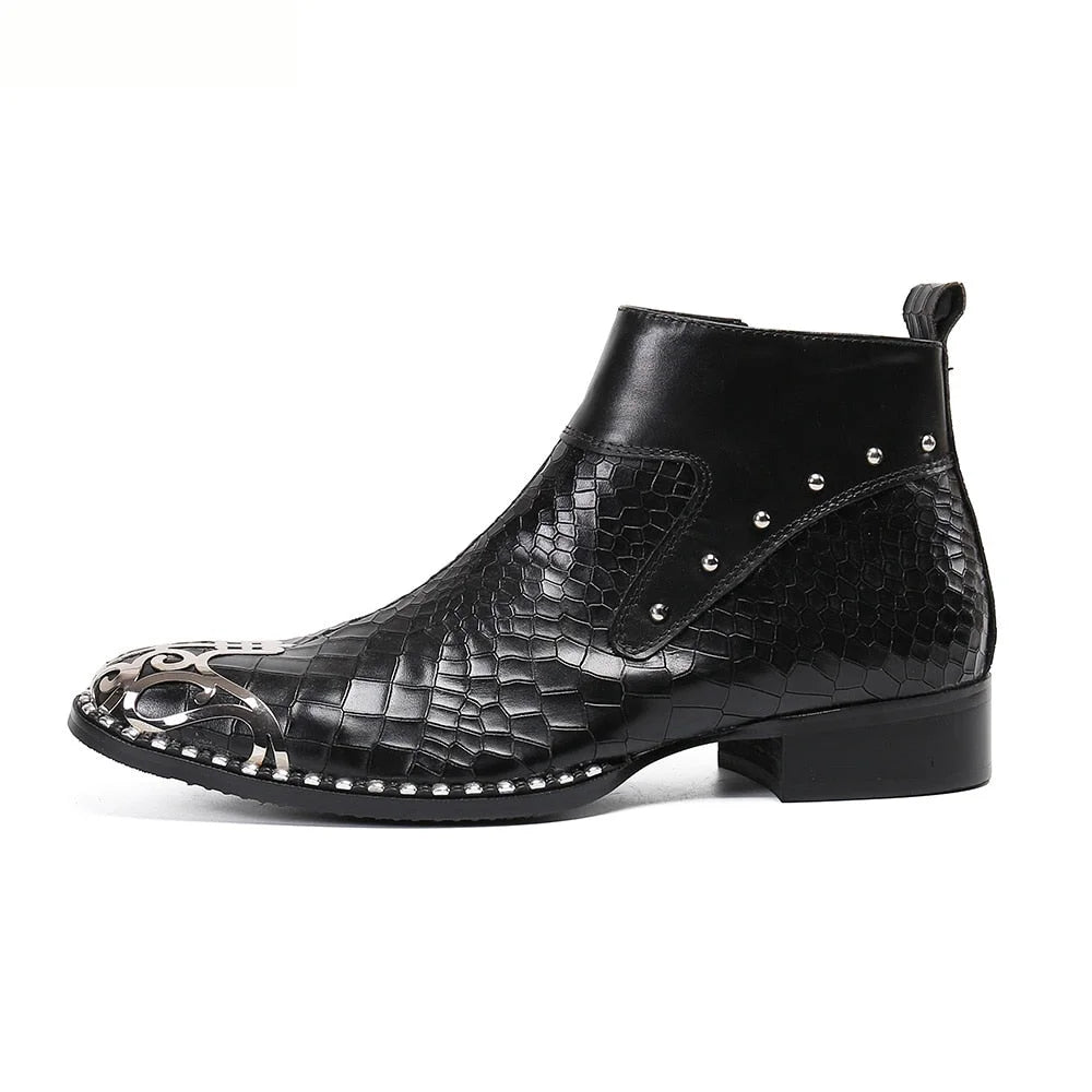 Men's Luxury Handmade Genuine Leather Pointed Metal Toe Ankle Boots