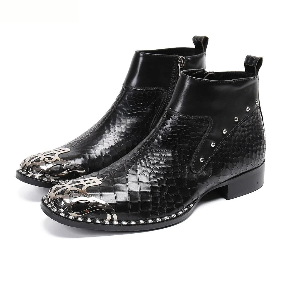 Men's Luxury Handmade Genuine Leather Pointed Metal Toe Ankle Boots