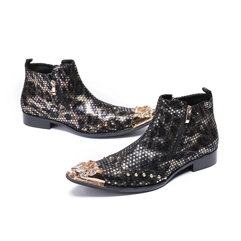 Men's Rivet Genuine Leather Pointed Metal Toe Western Cowboy Boots