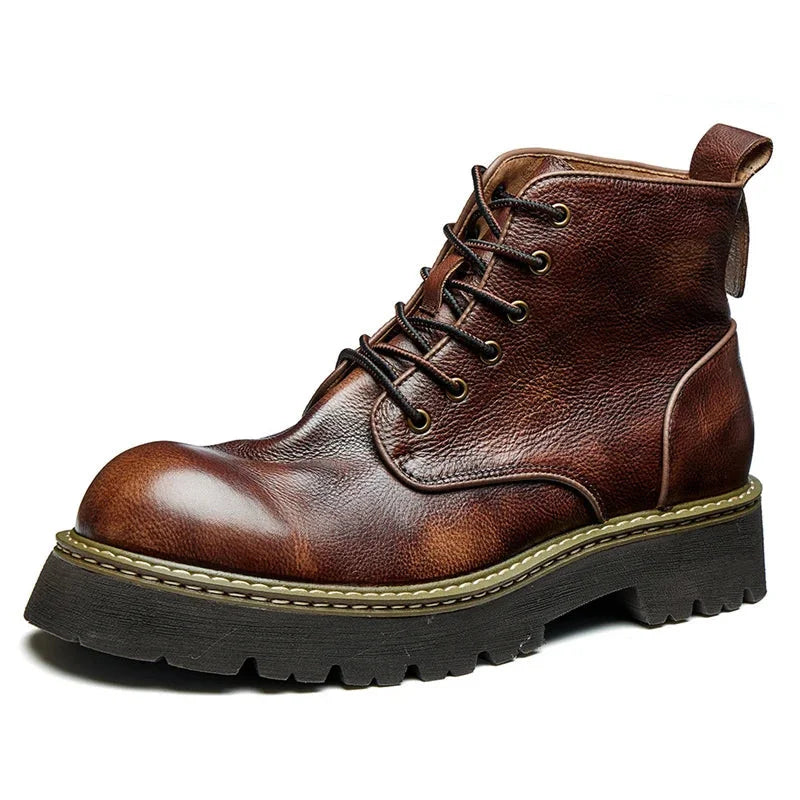 Men's Solid Cowhide Leather High Top Cowboy Winter Ankle Boots