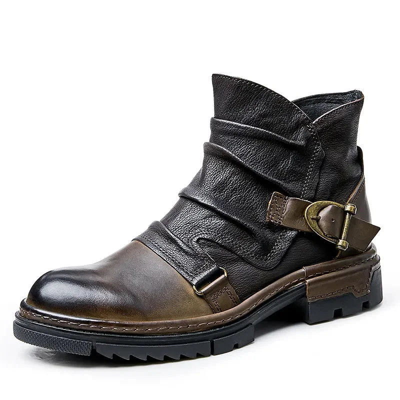 Men's Winter Genuine Leather Buckle Belt Pleated High-end Officewear Boots