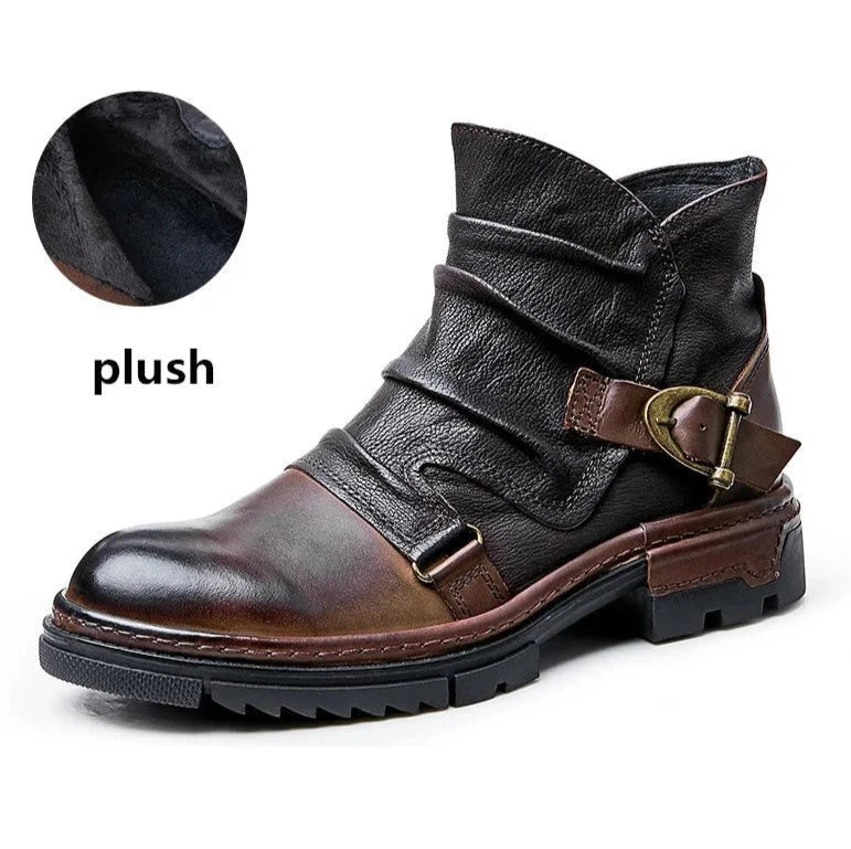 Men's Winter Genuine Leather Buckle Belt Pleated High-end Officewear Boots