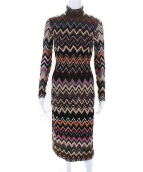 Missoni Womens Chevron Knit Turtleneck Long Midi Sheath Dress Beige Brown IT 36