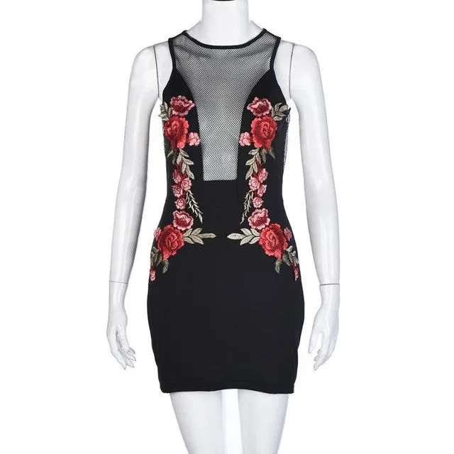 mokingtop Embroidered Floral Dress Mesh Sexy Transparent Women Dress Zipper Black Bodycon Dress Vestidos Curtos#99 SM6