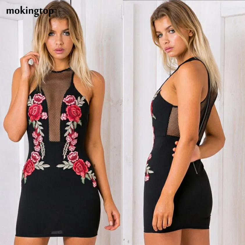 mokingtop Embroidered Floral Dress Mesh Sexy Transparent Women Dress Zipper Black Bodycon Dress Vestidos Curtos#99 SM6