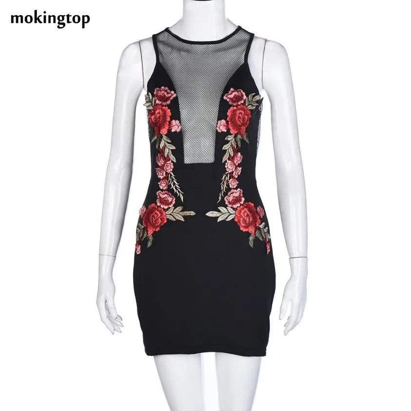 mokingtop Embroidered Floral Dress Mesh Sexy Transparent Women Dress Zipper Black Bodycon Dress Vestidos Curtos#99 SM6