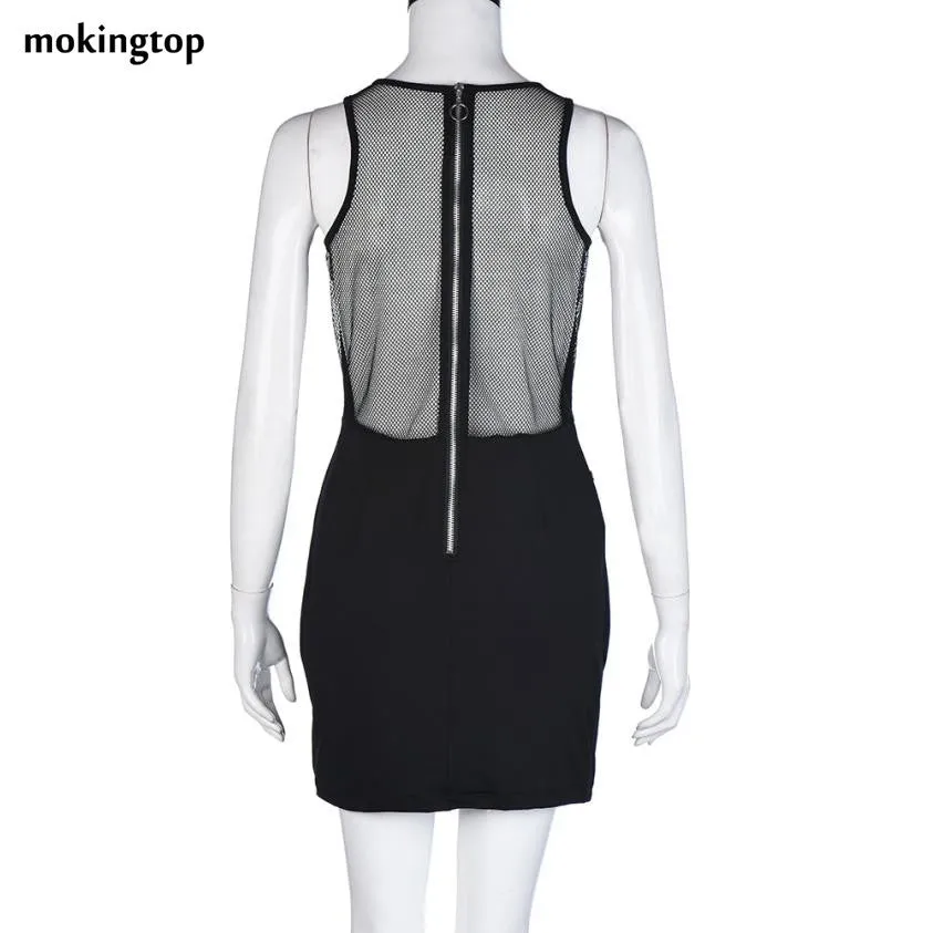 mokingtop Embroidered Floral Dress Mesh Sexy Transparent Women Dress Zipper Black Bodycon Dress Vestidos Curtos#99 SM6