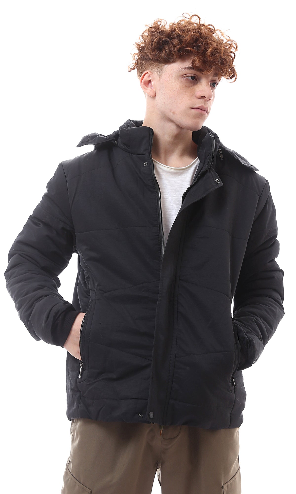 O156160 Adjustable Hooded Neck Black Solid Jacket