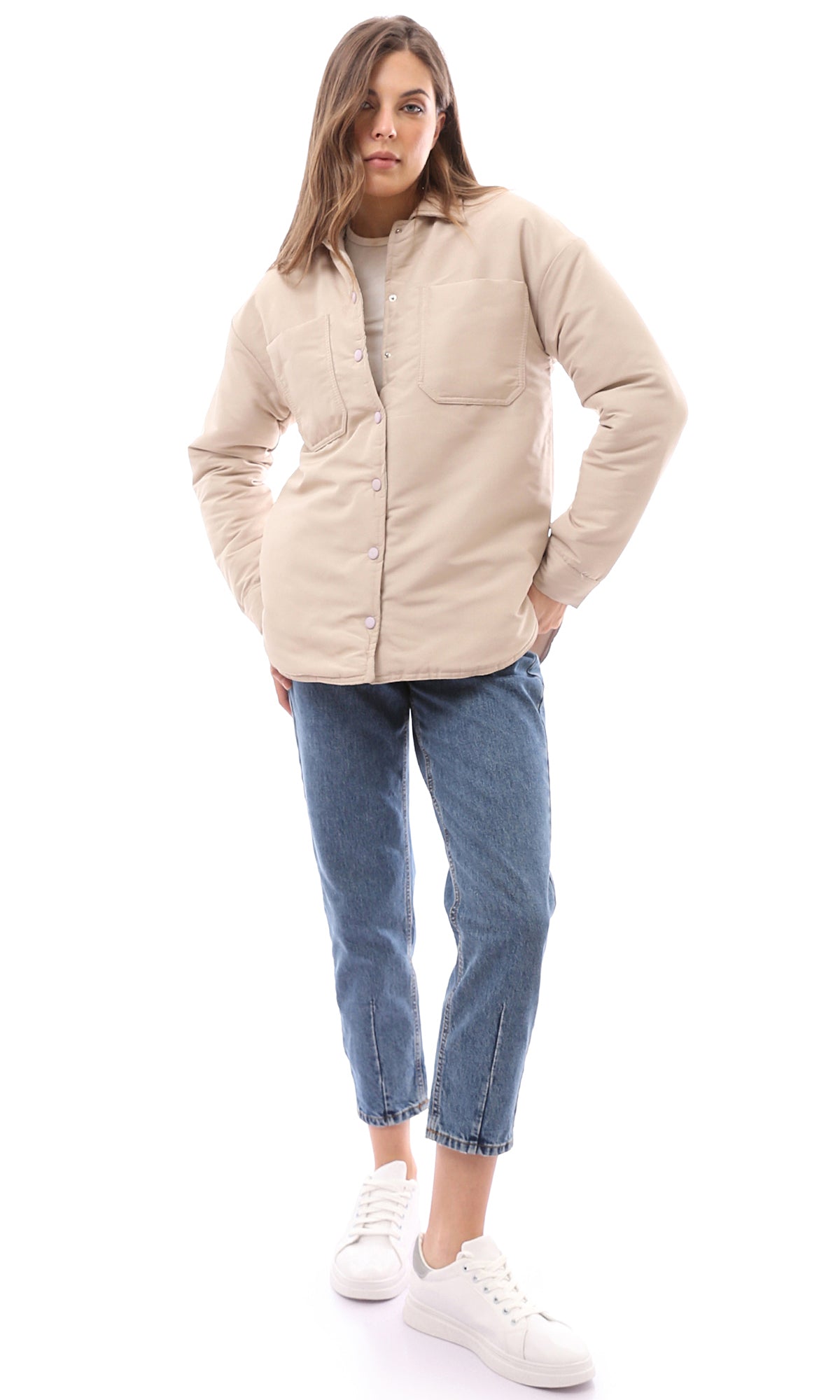 O170782 Long Sleeves Coziness Beige Puffer Jacket