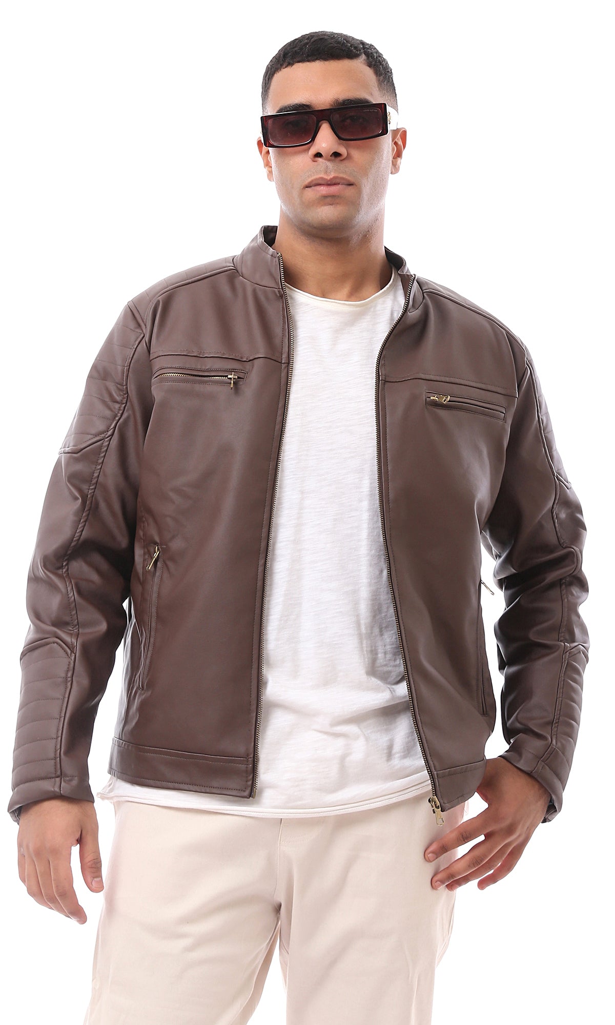 O173263 Dark Brown Textured Leather Zipped Cuffs Racer Jacket