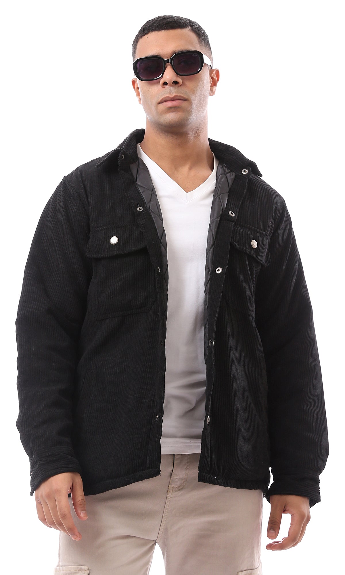 O174071 Classic Collar Black Corduroy Winter Jacket