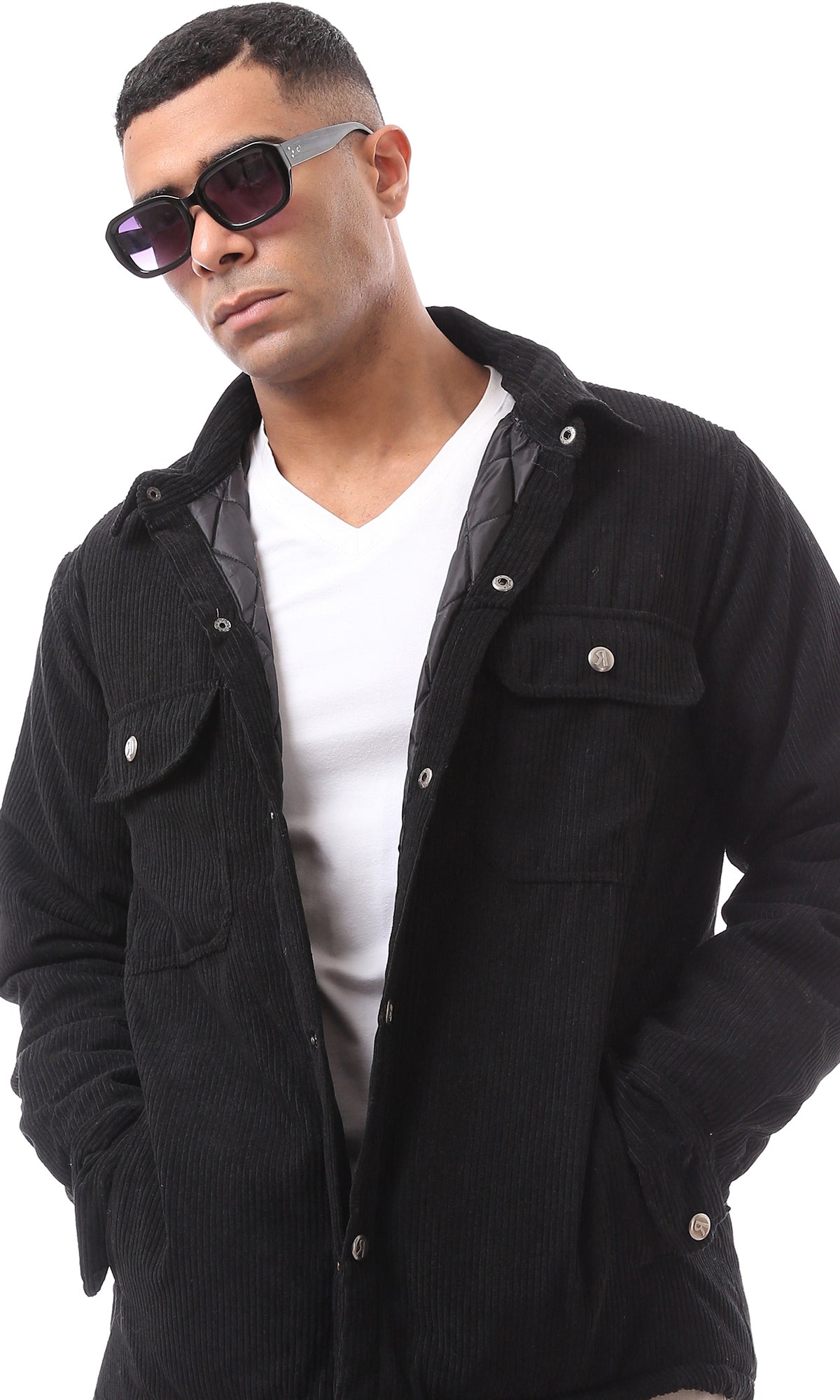 O174071 Classic Collar Black Corduroy Winter Jacket