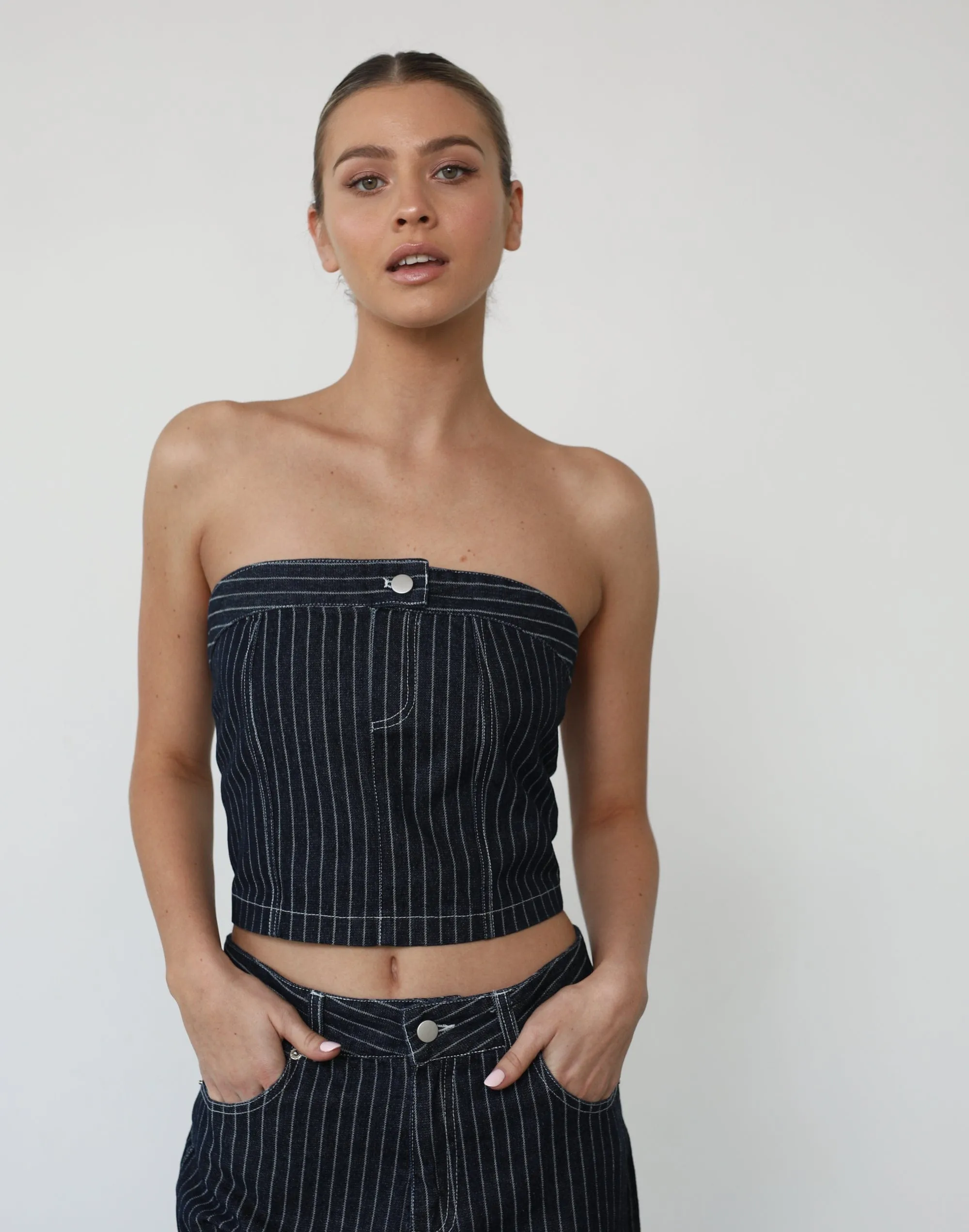 Pamela Corset Top (Pinstripe Denim)