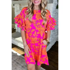 Pink Voluminous Ruffled Sleeve Floral Dress