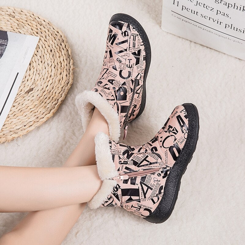 Pink Warm Plush Zipper Round Toe Waterproof Ankle Boots for Women