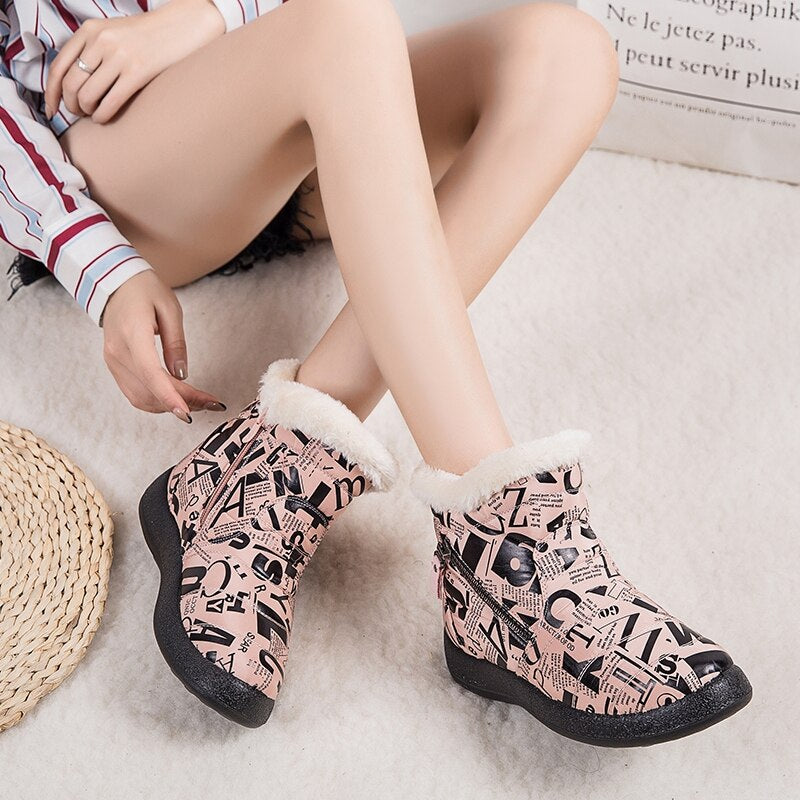 Pink Warm Plush Zipper Round Toe Waterproof Ankle Boots for Women