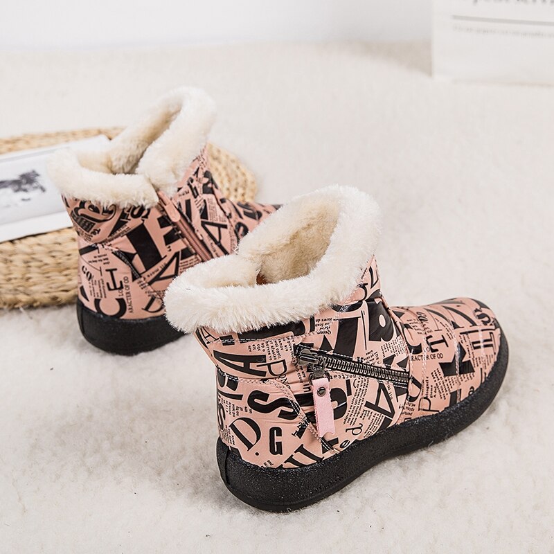 Pink Warm Plush Zipper Round Toe Waterproof Ankle Boots for Women