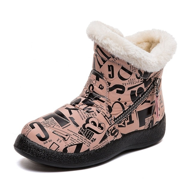 Pink Warm Plush Zipper Round Toe Waterproof Ankle Boots for Women