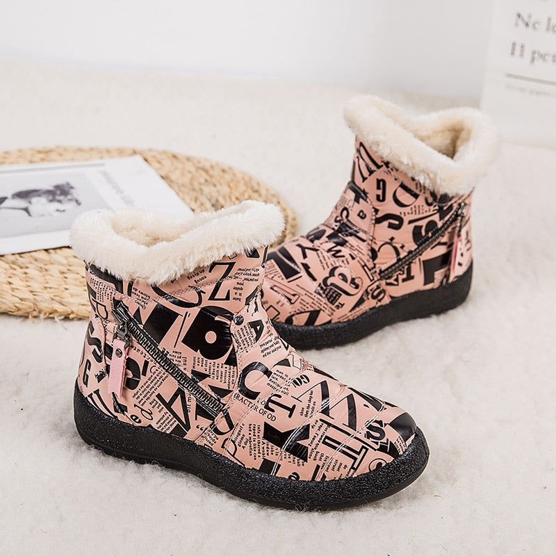 Pink Warm Plush Zipper Round Toe Waterproof Ankle Boots for Women