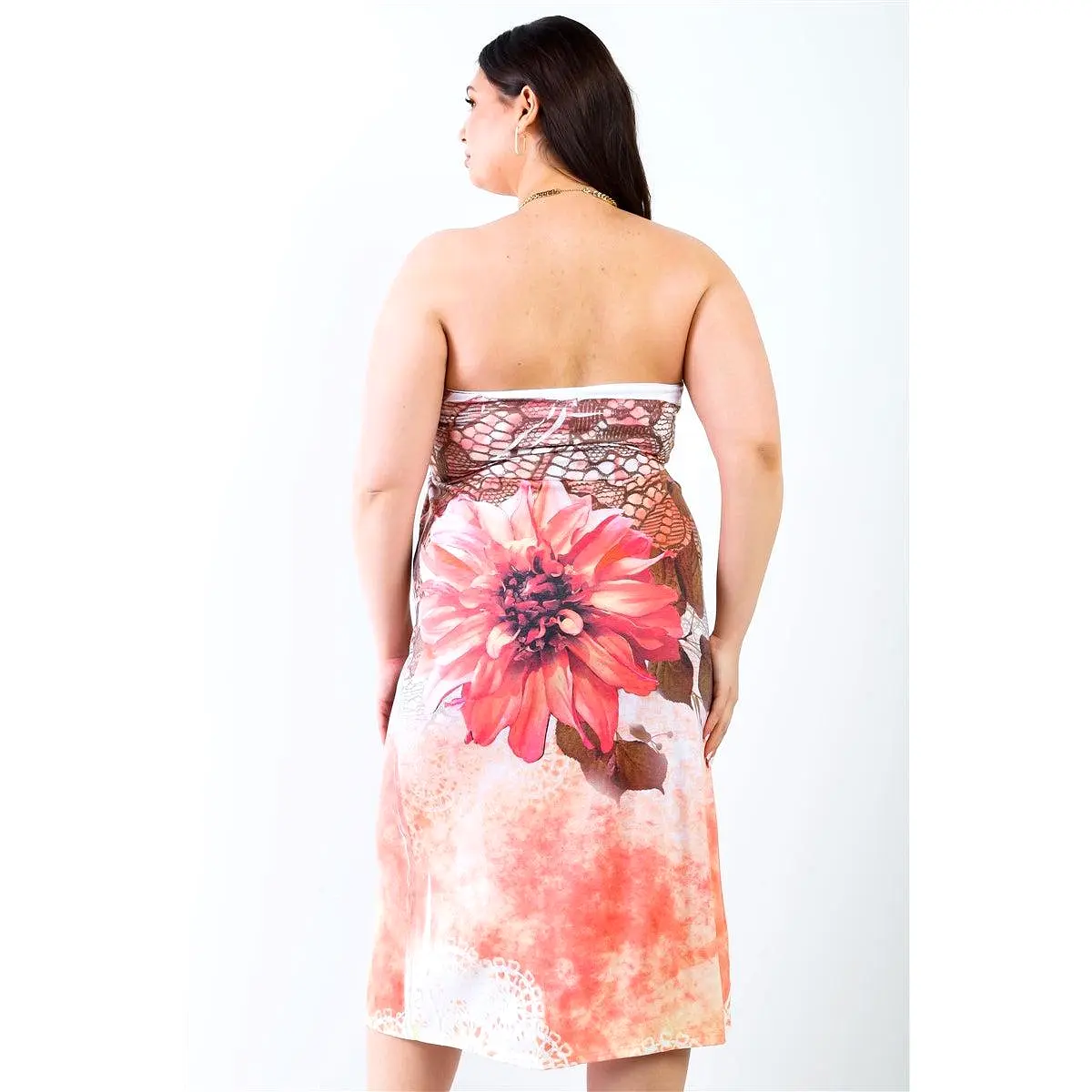 Plus Peach Flower Print Sleeveless Midi Dress