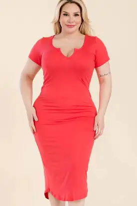 Plus Size Split Neck Bodycon Midi Dress