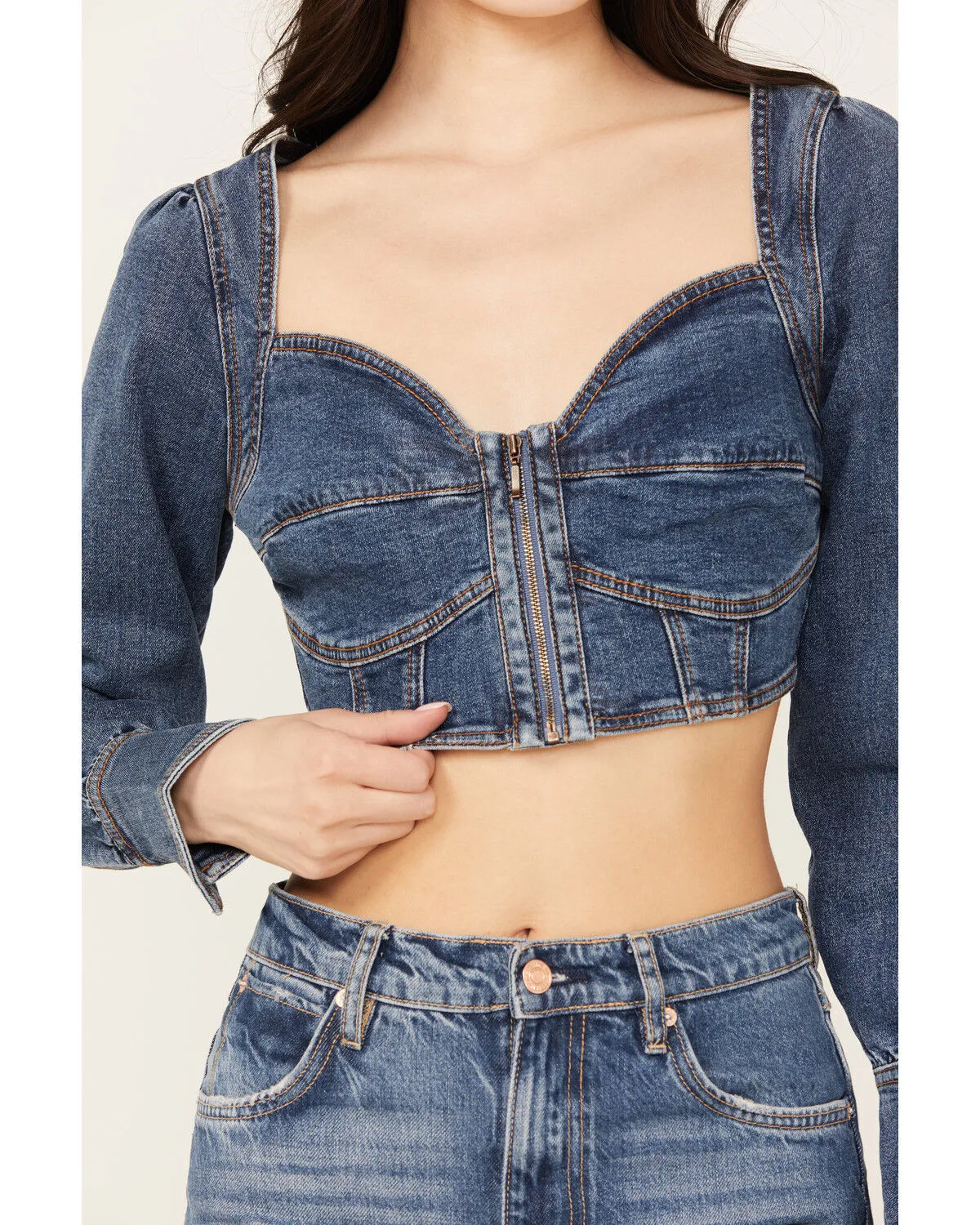 Product Name:  Shyanne Women's Medium Wash Denim Cropped Long Sleeve Corset Top